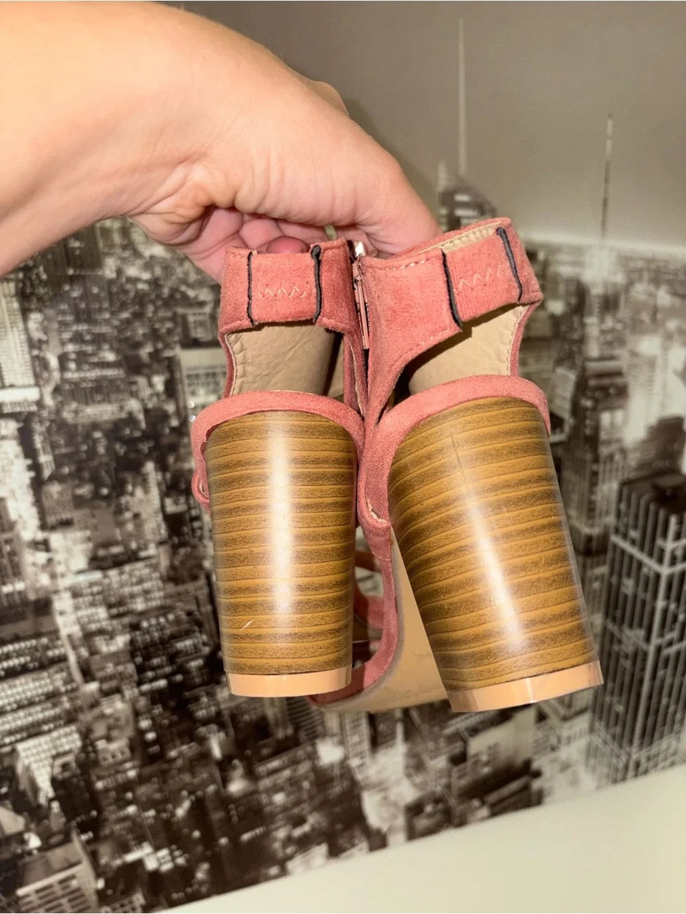 Suede Pink Block Heel Sandals with Ankle Strap